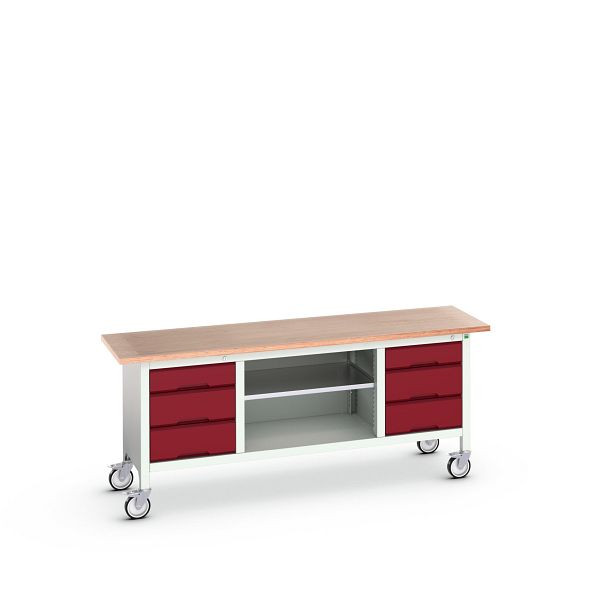 bott verso mobile Kastenwerkbank (Multiplex) mit 6 Schubladen und 1 Ablageboden, BxTxH: 2000 x 600 x 830 mm, Lichtgrau / Purpurrot, 16923234.24