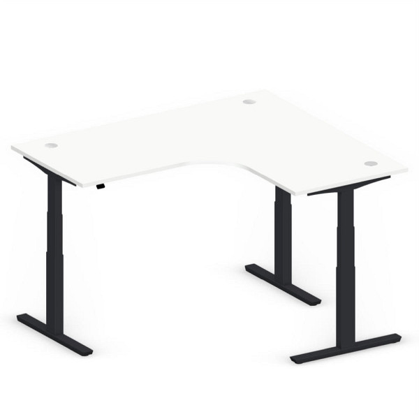 Deskin XXL Sitz-/ Stehschreibtisch Jumbo MULTI M, Dekor weiß, T-Fuß-Stahlgestell in Schwarz RAL 9005, rechtsseitig geformt, 295171