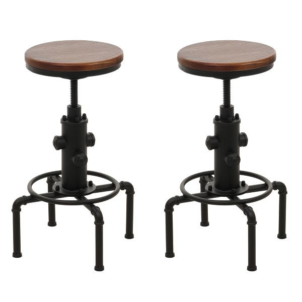 Mendler 2er-Set Barhocker HWC-N23, Barstuhl Tresenhocker höhenverstellbar drehbar Fußablage Industrial Eisen Massiv-Holz, braun, 105970