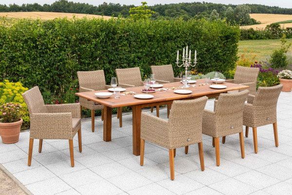 Merxx Ranzano Set 9-teilig, 8 Ranzano Sessel, inkl. Sitzkissen, 1 Doppelausziehtisch 180 (220/260) x 100 cm, Akazienholz, schilf, 50446-259