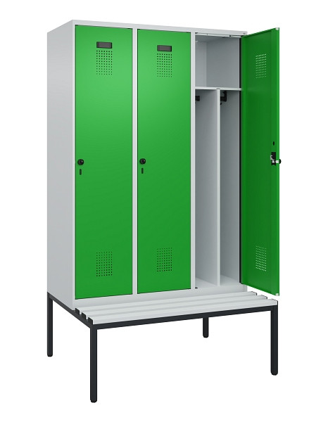 C+P Spind Evolo PLUS, 3 Abteile, 2120x1200x815mm, 7035/6037, Haken 4, Drehriegel, Sitzfläche Kunststoff, Sitzbank, Trennwand, 0490507-32F S10065