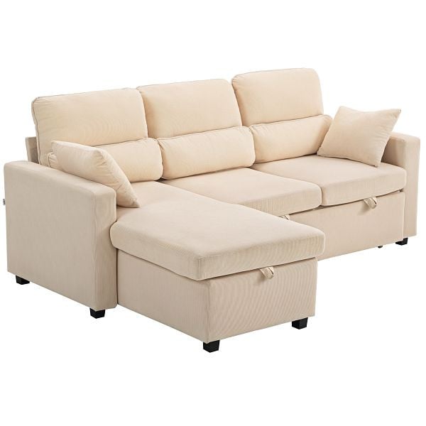 HOMCOM Verstellbares Bettsofa, L-förmiges Gästesofa mit Bettfunktion, Stauraum, Kissen, für Wohnzimmer, Gästezimmer, Beige, 83B-565V00BG
