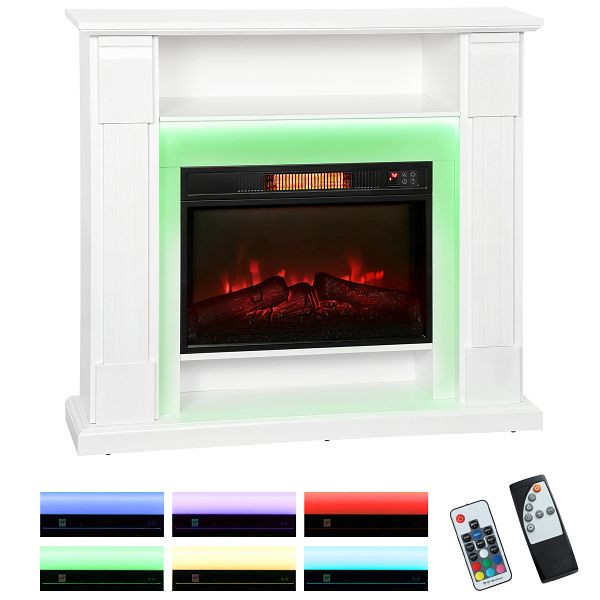 HOMCOM Elektrischer Kamin mit LED-Lichtern, realistischer Flammen-Effekt, 1800W, Kaminsims, 2 Fernbedienungen, Glas, Weiß, 820-447V90WT