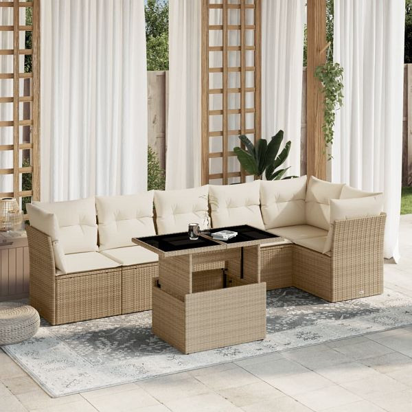 vidaXL 7-teilig Garten-Sofagarnitur mit Kissen Beige Poly Rattan, 3266598