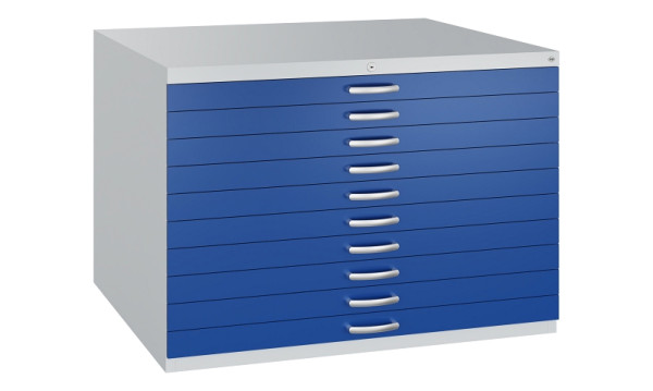 C+P Flachablageschrank Serie 7100_7200, H760xB1100xT765mm, 7035/5010, 10 Schubladenblenden doppelwandig, 7101-000 S10432