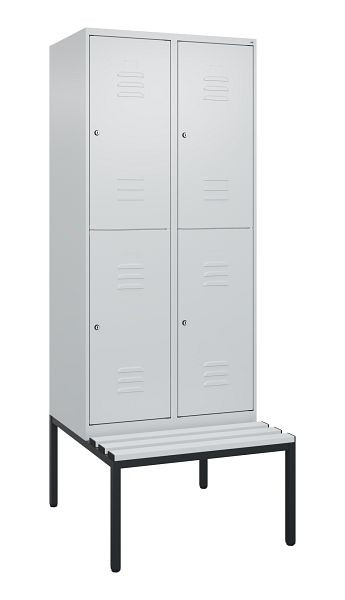 C+P Doppelstöckiger Spind Classic PLUS, 2 Abteile, 2120x800x815mm, 7035/7035, Zylinderschlösser, mit untergebauter Sitzbank, 0803507-22 S10024