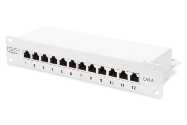 DIGITUS CAT 6, Klasse E Patch Panel, geschirmt, 12-Port RJ45 8P8C, LSA, 1HE, 254 mm (10") Rack Mount, grau, DN-91612S-G
