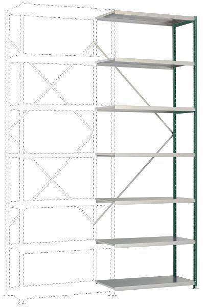 Manuflex Mittelschweres Fachboden-Steckregal Anbauregal mit 7 Stahlböden, HxBxT = 3000 x 1000 x 300 mm, graugrün, RP1717.0001