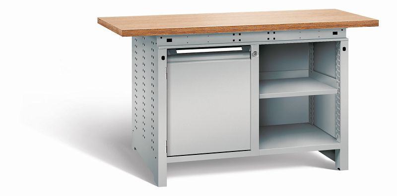 Otto Kind Werkbank Serie function Typ 210, Multiplexplatte 40 mm, überstehend, 2x Unterbau, komplett RAL 9006, 072340296