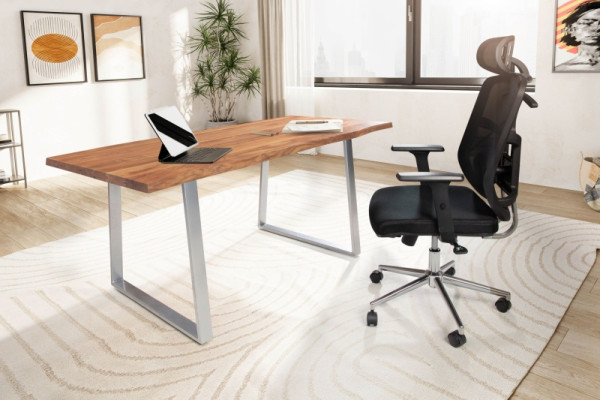 Wohnling Schreibtisch 140x80x76 cm Akazie Massivholz/Metall Computertisch, Bürotisch mit Trapezbeinen in Chrom, Holztisch Arbeitszimmer, WL7.267