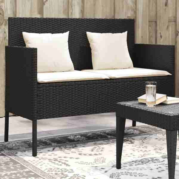vidaXL Gartenbank mit Kissen Schwarz Poly Rattan, UV-beständig, 365770