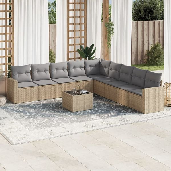 vidaXL 10-tlg. Garten-Sofagarnitur mit Kissen Beige Poly Rattan, 3219089