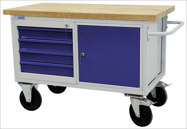 ADB Tischwagen 4 Schubladen + 1 Stahlblechschrank, 840x1300x600 mm, Farbe Tischwagen: lichtgrau, Farbe Tür/Schubladen: Enzianblau, 42742