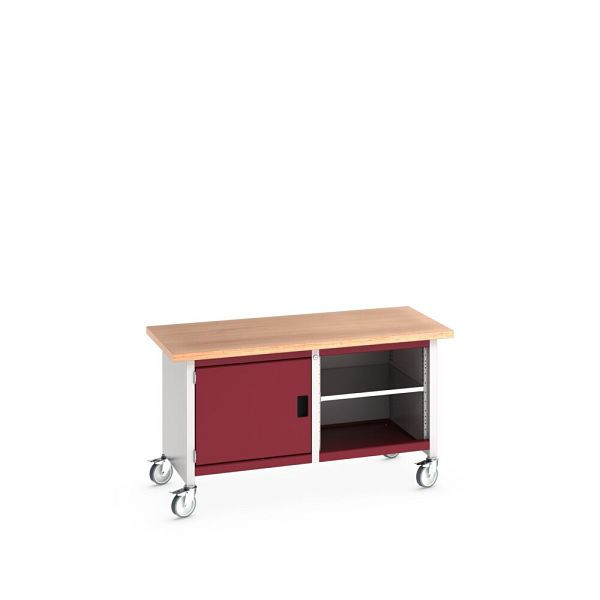 bott cubio Kastenwerkbank mobil, Türe, 2 Ablagen, Multiplex-Arbeitsplatte, BxTxH: 1500x750x840mm, RAL 7035/3004, Purpurrot, 41002094.24V