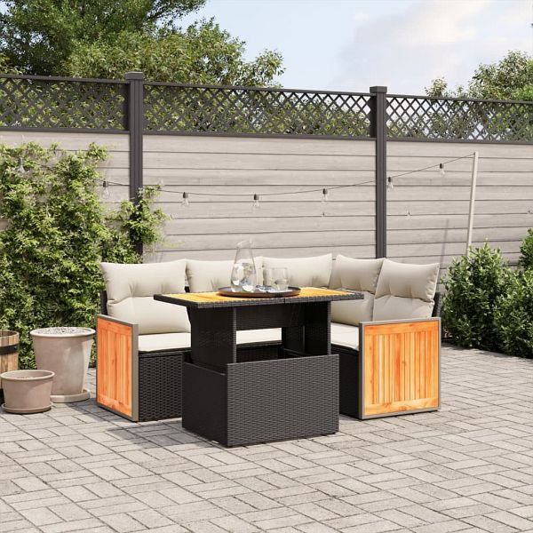 vidaXL 5-teilig Garten-Sofagarnitur mit Kissen Schwarz Poly Rattan, 3273940