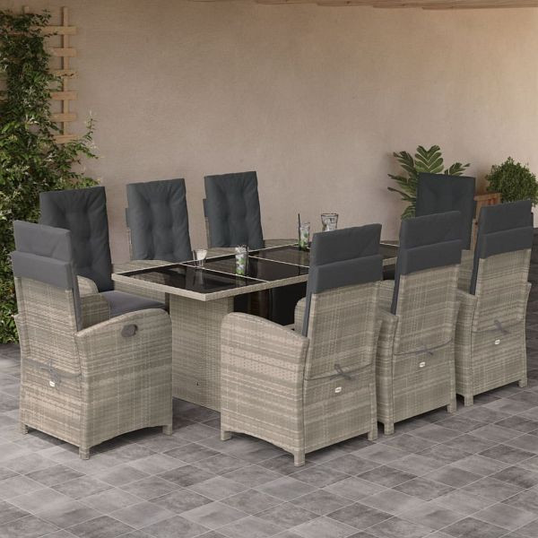 vidaXL 9-teilig Garten-Essgruppe mit Kissen Hellgrau Poly Rattan, 3212499