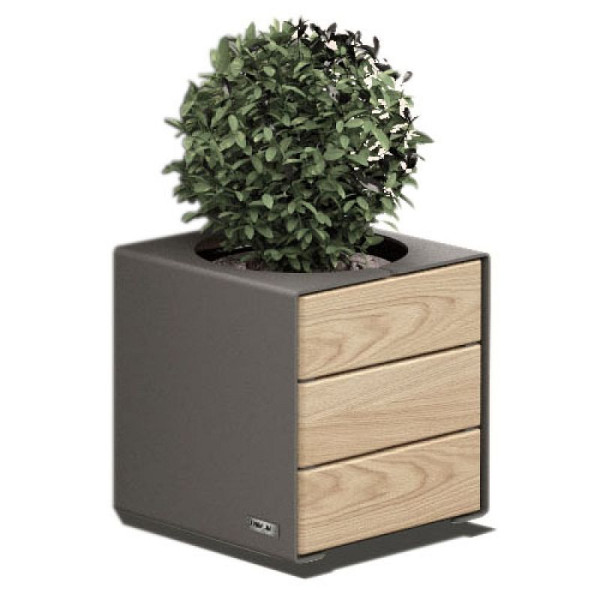 Stein HGS Pflanzbehälter -Kube- aus Stahl und Holz, Mahagoni, RAL 7044 grau, 37671-05