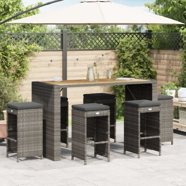 vidaXL Garten-Barhocker mit Kissen 6 Stk. Grau Poly Rattan, 368693