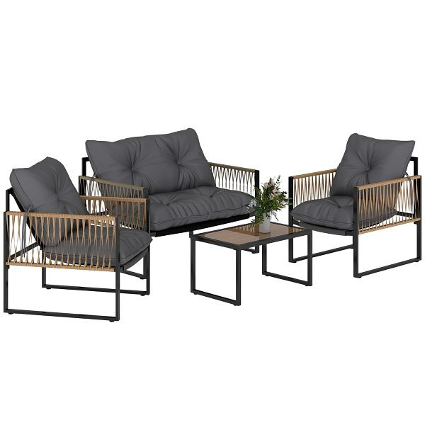 Outsunny Gartenmöbel-Set, 4-teilig, Sofa, 2 Stühle, Tisch mit Glasplatte, Metallgestell, Polyrattan, Anthrazit, 860-326V02CG