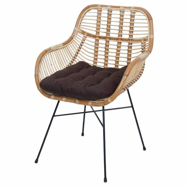Mendler Esszimmerstuhl HWC-P17, Küchenstuhl Korbstuhl Rattansessel Rattanstuhl Stuhl, Kubu Rattan Metall, Polster braun, 139661