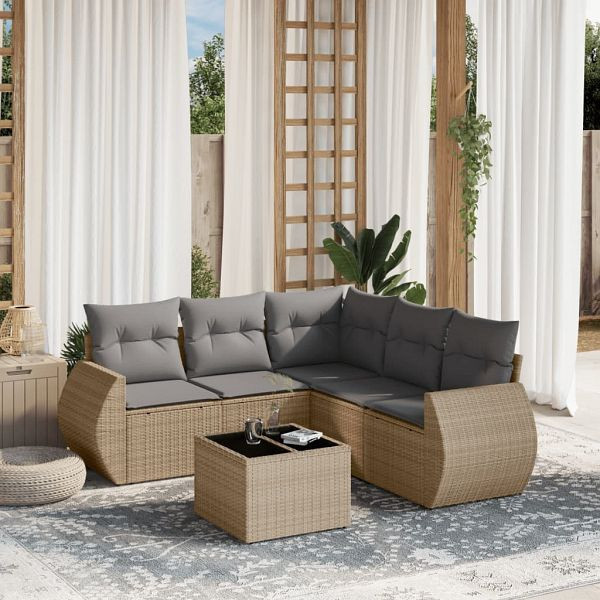 vidaXL 6-teilig Garten-Sofagarnitur mit Kissen Beige Poly Rattan, 3253696