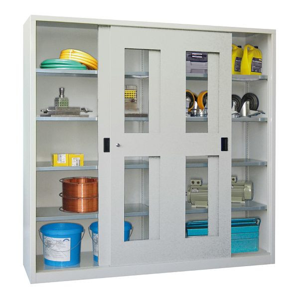 Pavoy Schwerlastschiebetürschrank 1950/2000/500, Mitteltrennwand, 8 verzinkte Fachböden; Sichtfenstertüren; Drehdruckzylinderschloss, 30332-200-590-611716