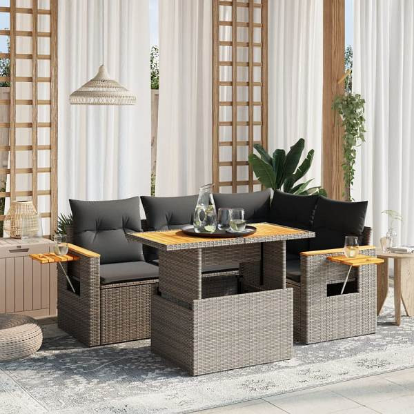 vidaXL 5-tlg. Garten-Sofagarnitur mit Kissen Grau Poly Rattan, UV-beständig, 3273503