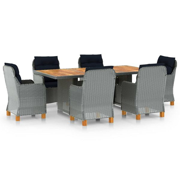 vidaXL 7-teilig Garten-Essgruppe mit Auflagen Poly Rattan Hellgrau, 3060174
