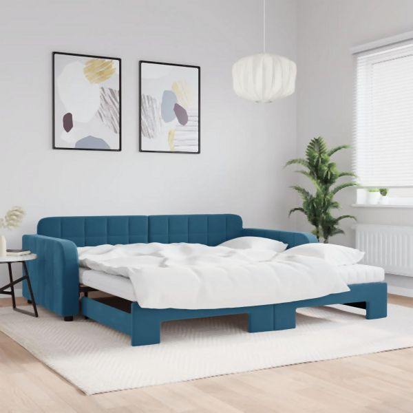 vidaXL Tagesbett Ausziehbar mit Matratzen Blau 100x200 cm Samt, 3196959