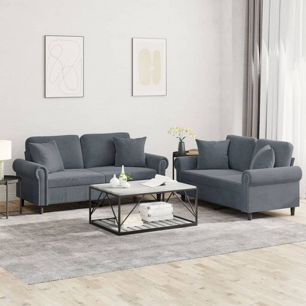 vidaXL 2-teilig Sofagarnitur mit Kissen Dunkelgrau Samt, 3202231