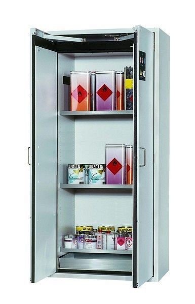 asecos Sicherheitsschrank S-CLASSIC-90, S90.196.090.WDAS in lichtgrau RAL 7035 mit 3x Fachboden (Edelstahl), 30205-001-30214