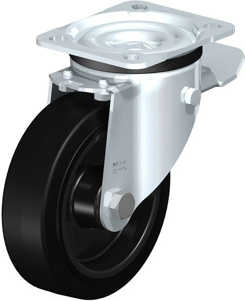 Blickle LK-POEV 125XR-1-ST Stahlblech-Lenkrolle, schwere Ausführung, mit Anschraubplatte & Feststeller, Elastik-Vollgummi, Schwarz, 851065