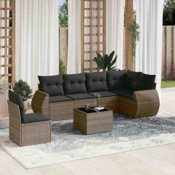 vidaXL 7-tlg. Garten-Sofagarnitur mit Kissen Grau Poly Rattan, UV-beständig, 3253777