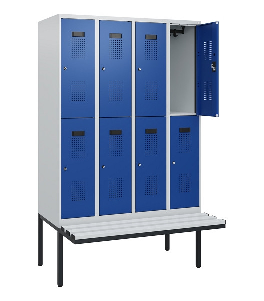 C+P Doppelstock-Spind Evolo PLUS, Bank, 8 Fächer, 1950x1200x815mm, 7035/5010, Zylinderschloss, Sitzfläche Kunststoff, 0493405-40 S10141
