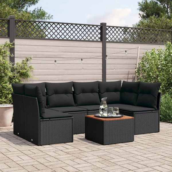vidaXL 7-teilig Garten-Sofagarnitur mit Kissen Schwarz Poly Rattan, 3223556