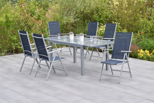 Merxx Amalfi Set 7-teilig, 6 Amalfi Klappsessel, Rückenlehne verstellbar, 1 Ausziehtisch 160 (220) x 90 cm, silber/marineblau, 50348-313