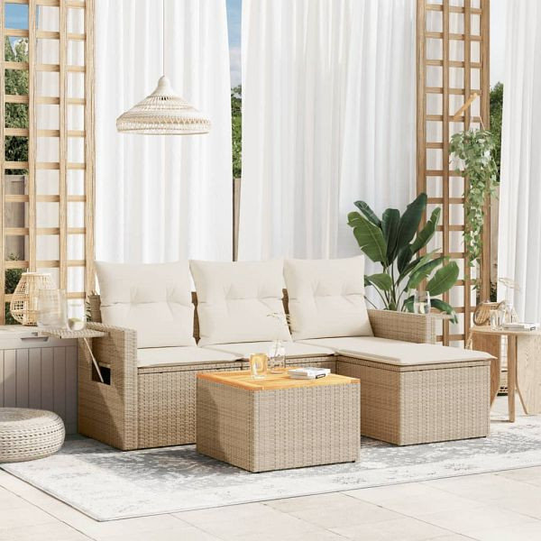 vidaXL 5-teilig Garten-Sofagarnitur mit Kissen Beige Poly Rattan, 3256863