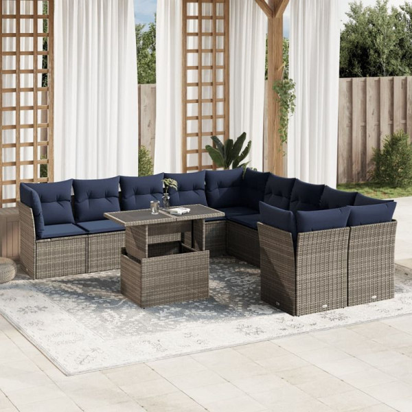 vidaXL 11-teiliges Gartensofa-Set mit Kissen, grau, Polyrattan, 3266881