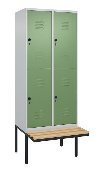 C+P Doppelstöckiger Spind Classic PLUS, 2 Abteile, 2120x800x815mm, 7035/6011, Drehriegel, Sitzleisten aus Buche, schwebende Sitzfläche, 0803407-22 S10006