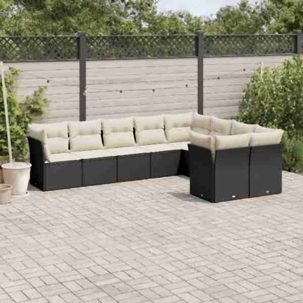 vidaXL 9-tlg. Garten-Sofagarnitur mit Kissen Schwarz Poly Rattan, UV-beständig, 3250005