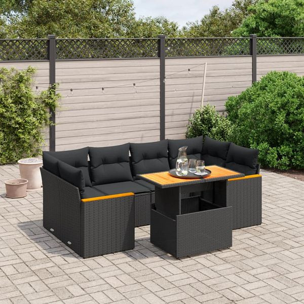 vidaXL 7-teilig Garten-Sofagarnitur mit Kissen Schwarz Poly Rattan, 3272973