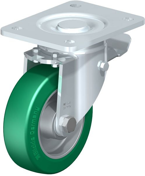 Blickle LH-ALST 125K-3-ST Stahlblech-Lenkrolle, Schwerlast-Ausführung, mit Anschraubplatte & Feststeller, Blickle Softhane®, Grün, 625400