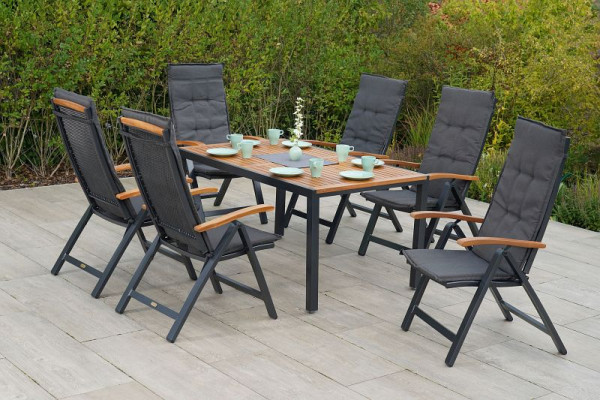 Merxx Tilos Set 13-teilig, 6 Tilos Klappsessel, 6 Kissen, uni grau, 1 Tilos Tisch, 150 x 90 cm, Aluminium mit FSC Akazienholz, 50622-800