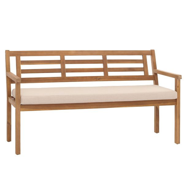 Mendler Gartenbank HWC-N47, Sitzbank Parkbank Holzbank, Massiv-Holz Akazie MVG, Kissen creme-beige, 106987