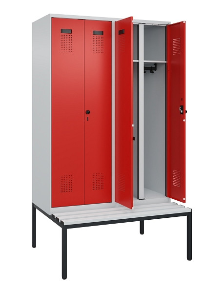 C+P Schwarz-Weiß-Spind Evolo PLUS, Bank, 4 Abteile, 2120x1200x815mm, 7035/3020, Drehriegel, Sitzfläche Kunststoff, Sitzbank, 0490527-40 S10059