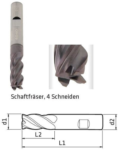 ELMAG Schaftfräser Ø: 6mm, 4-Schneiden, Titanaluminiumnitrid für Werkstoffe bis 1200 N/mm² Zugfestigkeit, 17262