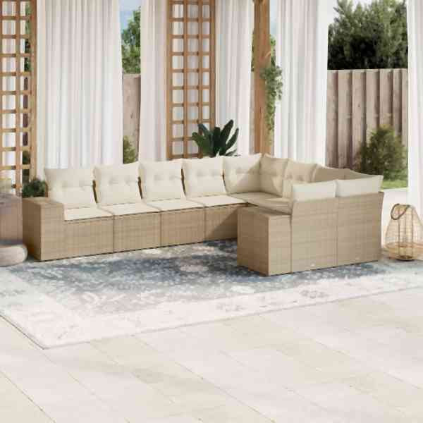 vidaXL 9-tlg. Garten-Sofagarnitur mit Kissen Beige Poly Rattan, UV-beständig, 3255375