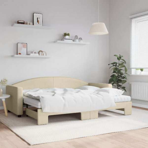 vidaXL Tagesbett Ausziehbar mit Matratzen Creme 80x200 cm Stoff, 3197205