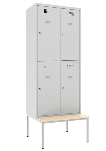 KEMMLIT Garderobenspind mit 2 Abteilen und 4 Türen 30cm mit Sitzbank, Lichtgrau 7035, Zylinderschloss, 100290