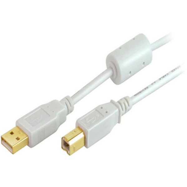 S-Conn USB Kabel, Typ A Stecker mit Ferrit auf Typ B Stecker, HIGH SPEED, vergoldete Kontakte, USB 2.0, weiß, 3,0m, 77023-WF
